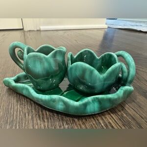 Vintage Jade Green Mid Century Cream and Sugar Tea Coffee Leaf Tray Serving